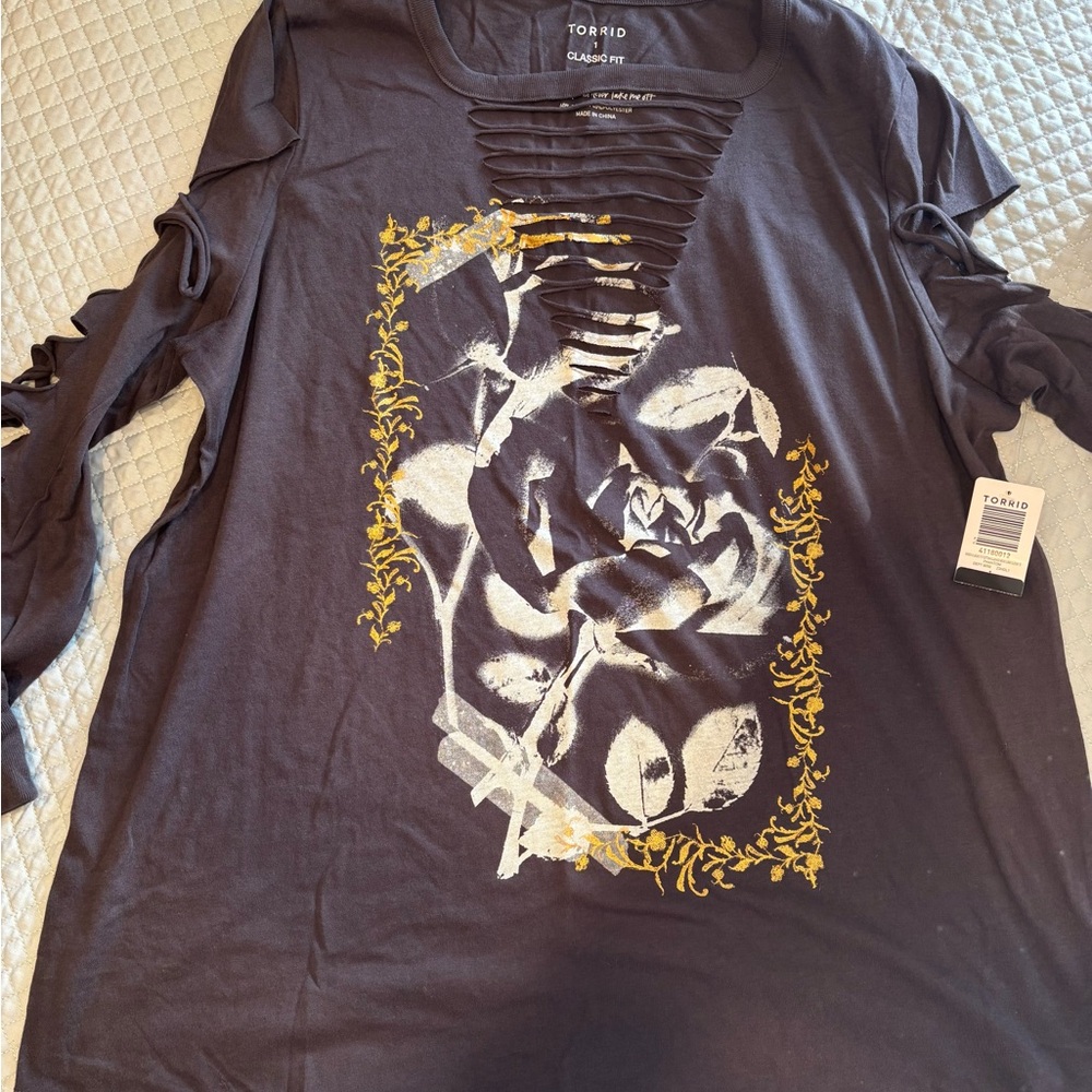 Torrid Charcoal Top with Gold Floral Detail